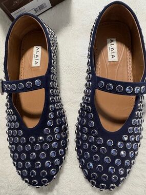 Alaïa Dark Blue Suede Crystal Mary Jane Ballet Flat